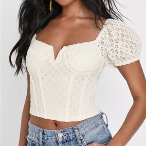 Lulu’s Romantic Darling Cream Lace Puff
Sleeve Bustier Crop Top